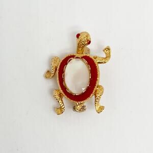 Vintage Gold Tone, Red and White Turtle Brooch Pin